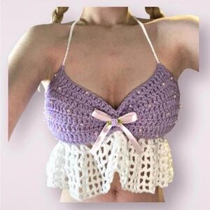crochet (glittery purple) pink beaded top/ bralette/croptop/tube top